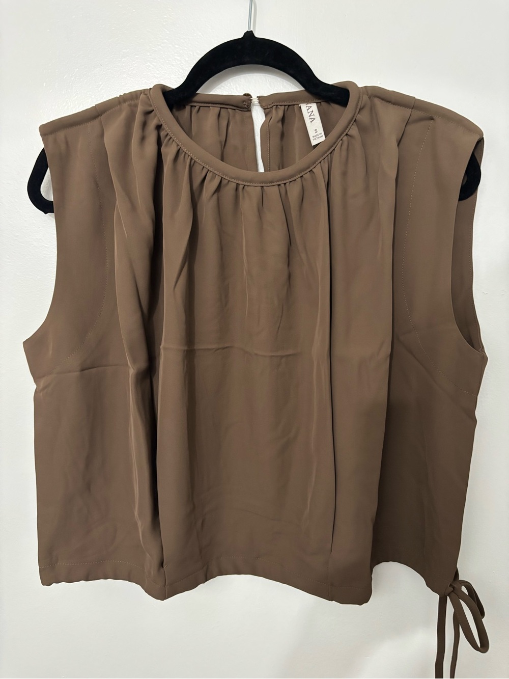 Zenana Brown Sleeveless Gathered-Neck Top with Side Tie